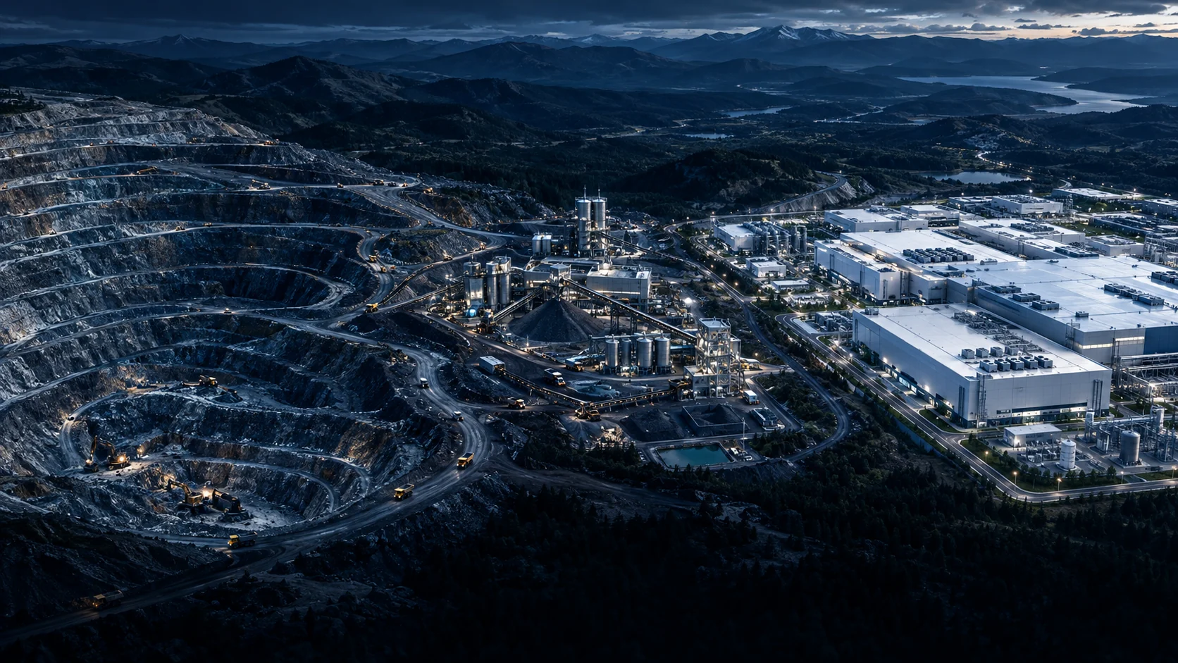Conceptual aerial illustration connecting mineral extraction and semiconductor manufacturing infrastructure.