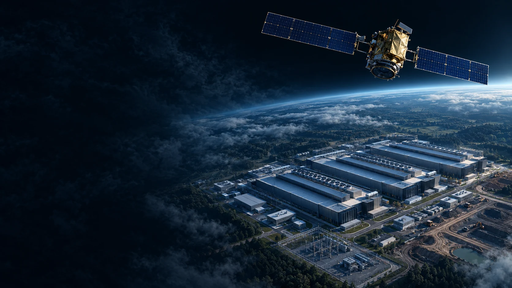 Conceptual illustration of an observation satellite above a data-centre campus.