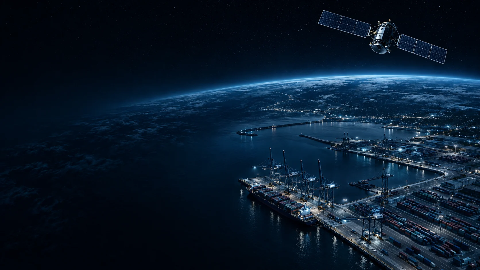 Conceptual illustration of an observation satellite above a container port.